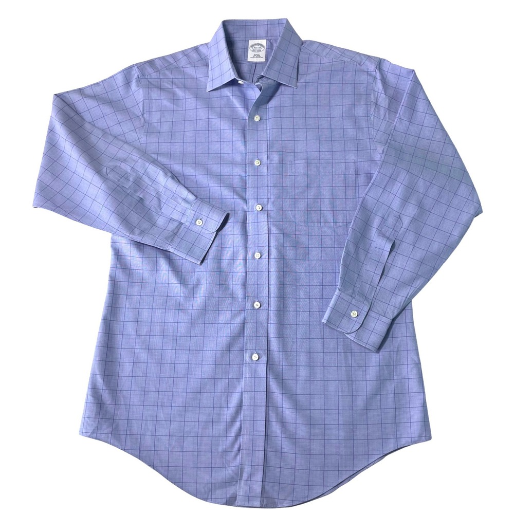 ⁠Brooks Brothers Dress Shirt 15.5 32 Slim Fit Non Iron Blue Plaid Check *READ*⁠